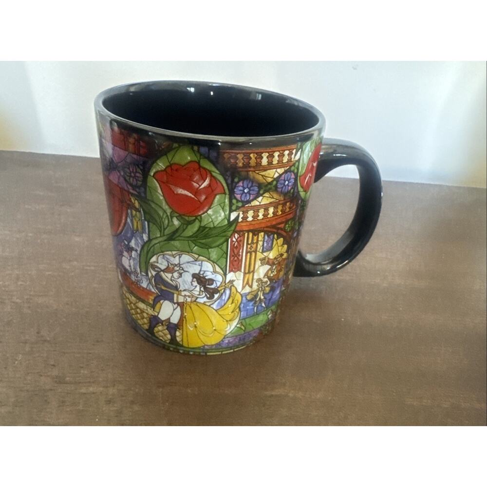 Disney Beauty & The Beast 20 oz Mug Stained Glass Rose Window Lumiere Cogsworth - Picture 2 of 10